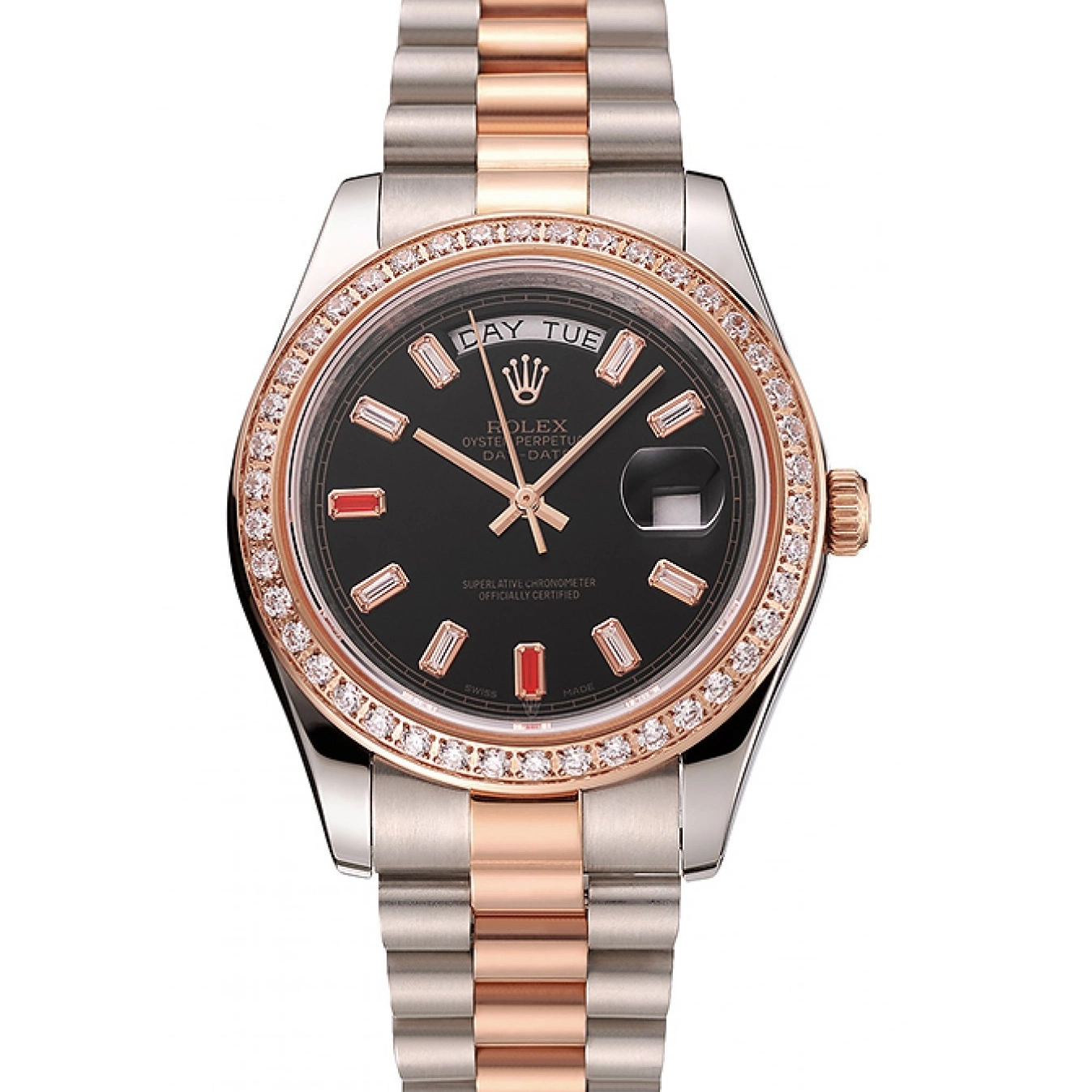 Aaa replica watch 1454106 Rolex Gold Dial And Black Day-Date Rubies Diamonds Swiss Staineless And Rose Steel Bracelet 0629